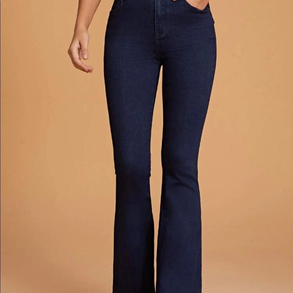 Sold💥High waisted stretchy dark jean wide leg flare shein